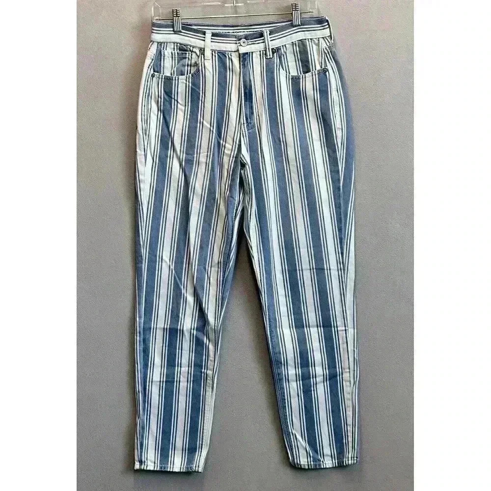 American Eagle Women's Size 6 Blue White Stripe High Rise Mom Denim Jeans